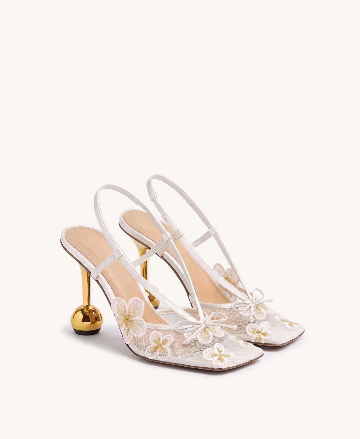 Mireille Floral Embroidered Bow Slingback Pumps - White