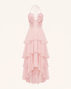 Flower Embroidered Halter Layered Maxi Dress - Pink
