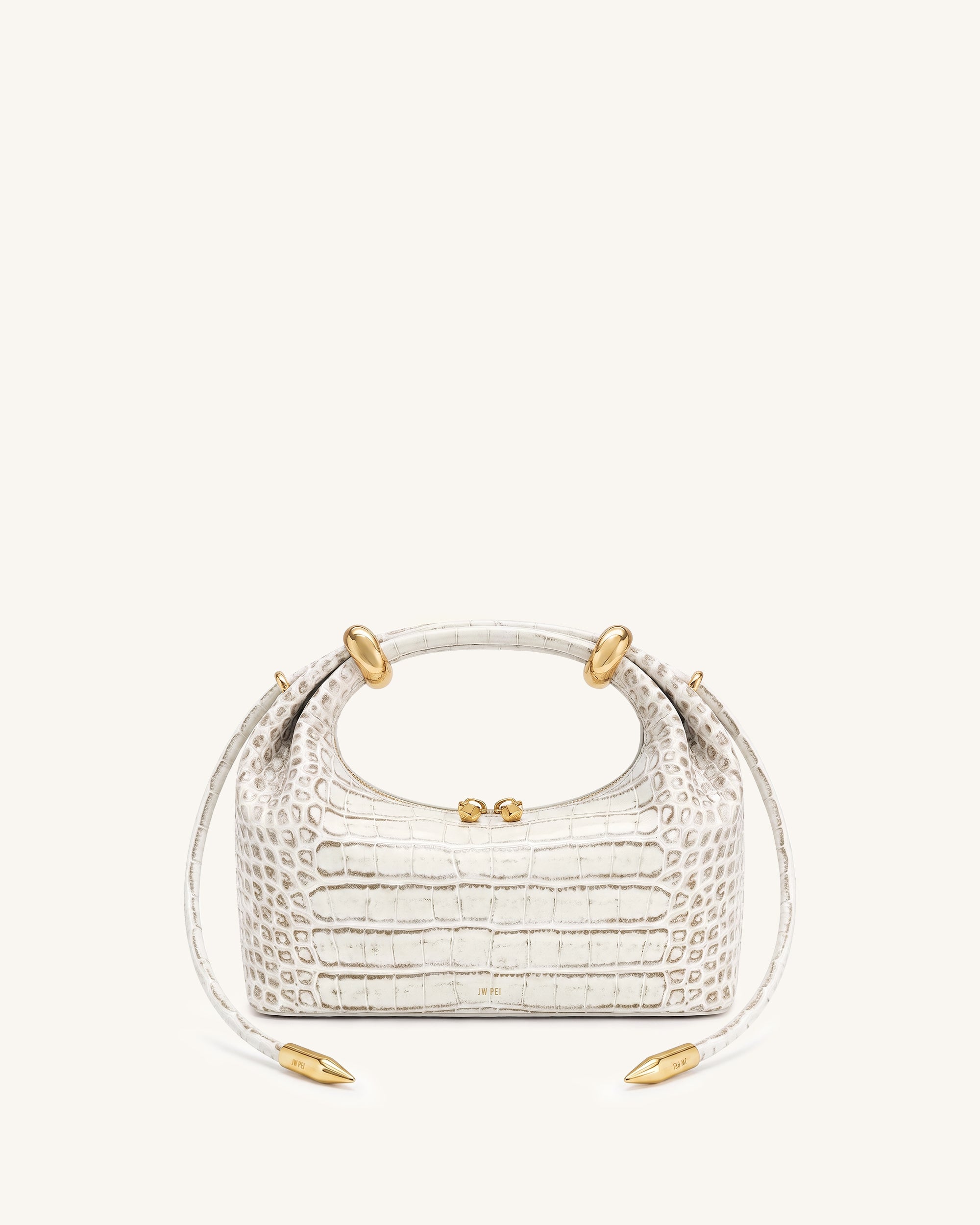 Ellie Metal Ring Embellished Top Handle Bag - Ivory Croc