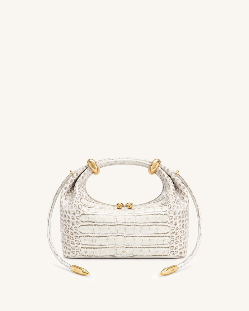 Ellie Metal Ring Embellished Top Handle Bag - Ivory Croc