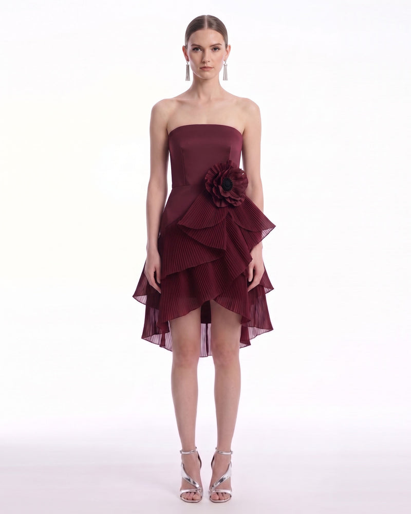 Floral Appliqué Tiered Strapless Mini Dress - Burgundy