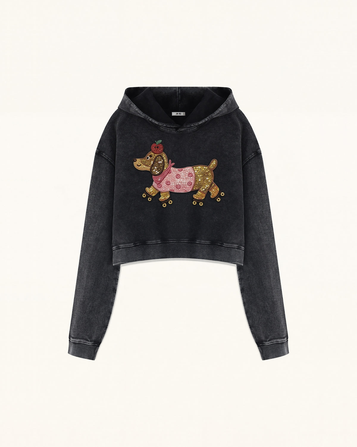 Whimsical Faux Embroidery Dachshund Cropped Hoodie - Black