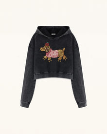Whimsical Faux Embroidery Dachshund Cropped Hoodie - Black