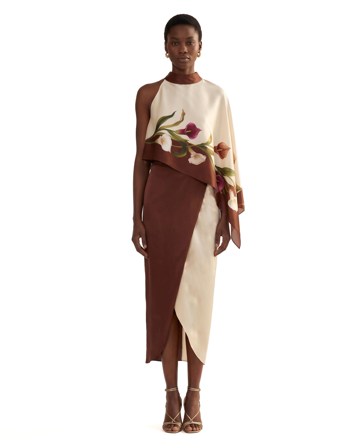 Calla Lily Printed Asymmetric Cape Satin Midi Dress - Brown