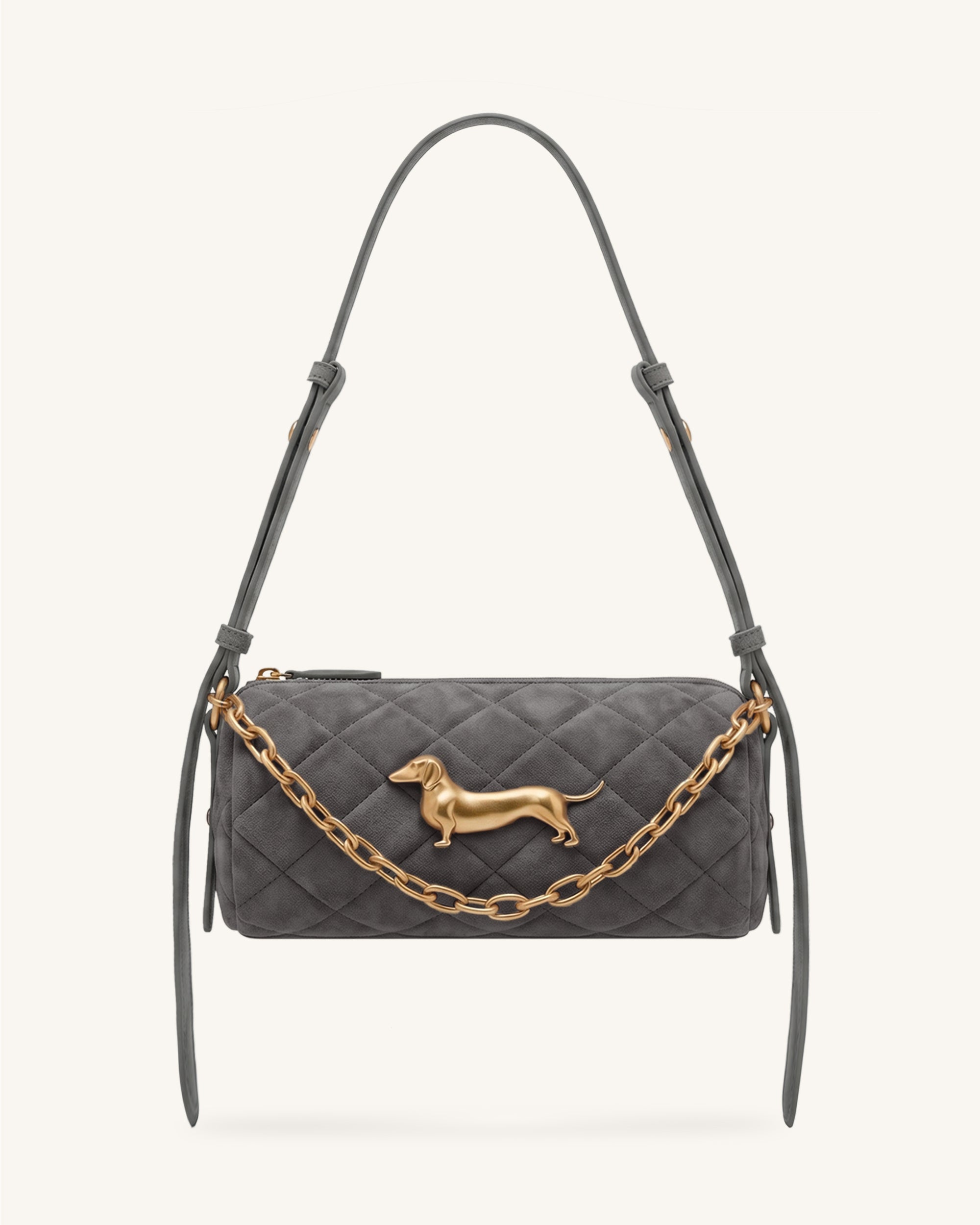 Lucienne Faux Suede Dachshund Quilted Chain Shoulder Bag - Grey