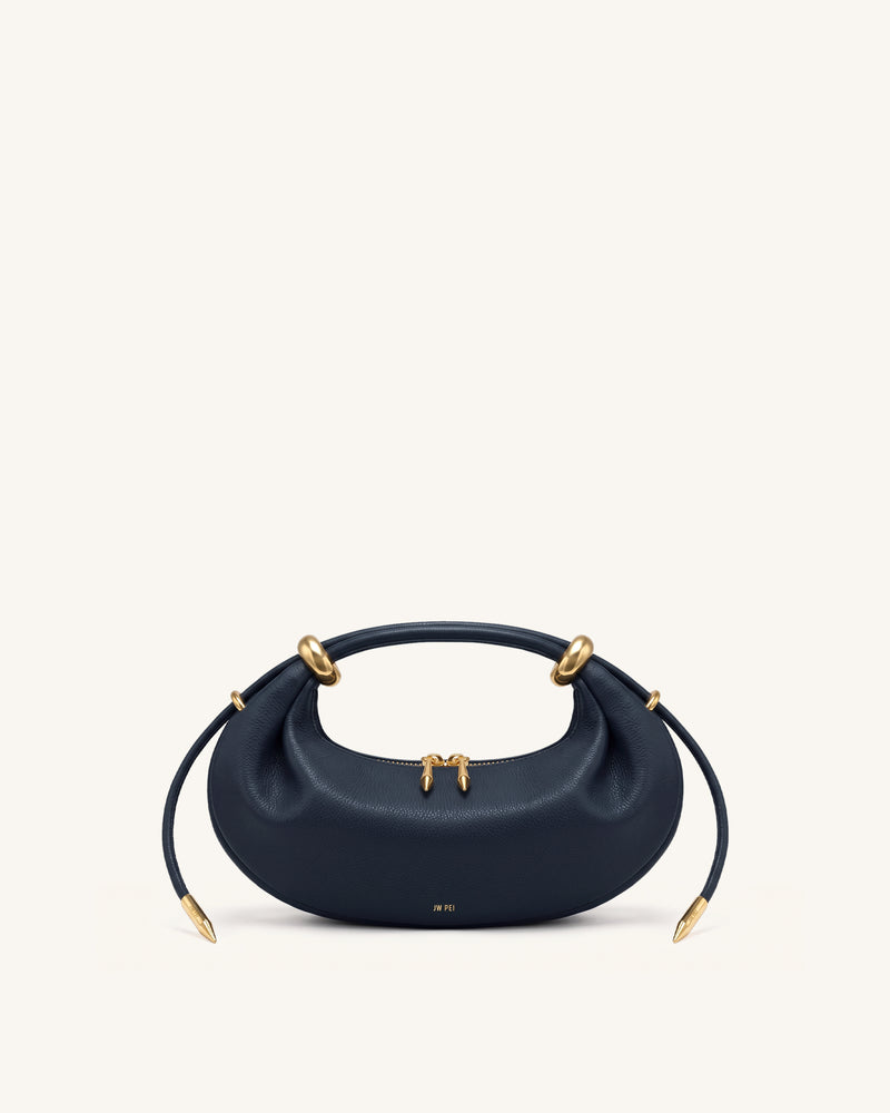 Ellie Metal Ring Embellished Crescent Top Handle Bag - Navy Blue