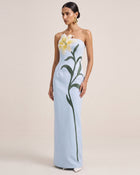 Lily Embroidered Strapless Satin Maxi Dress - Light Blue