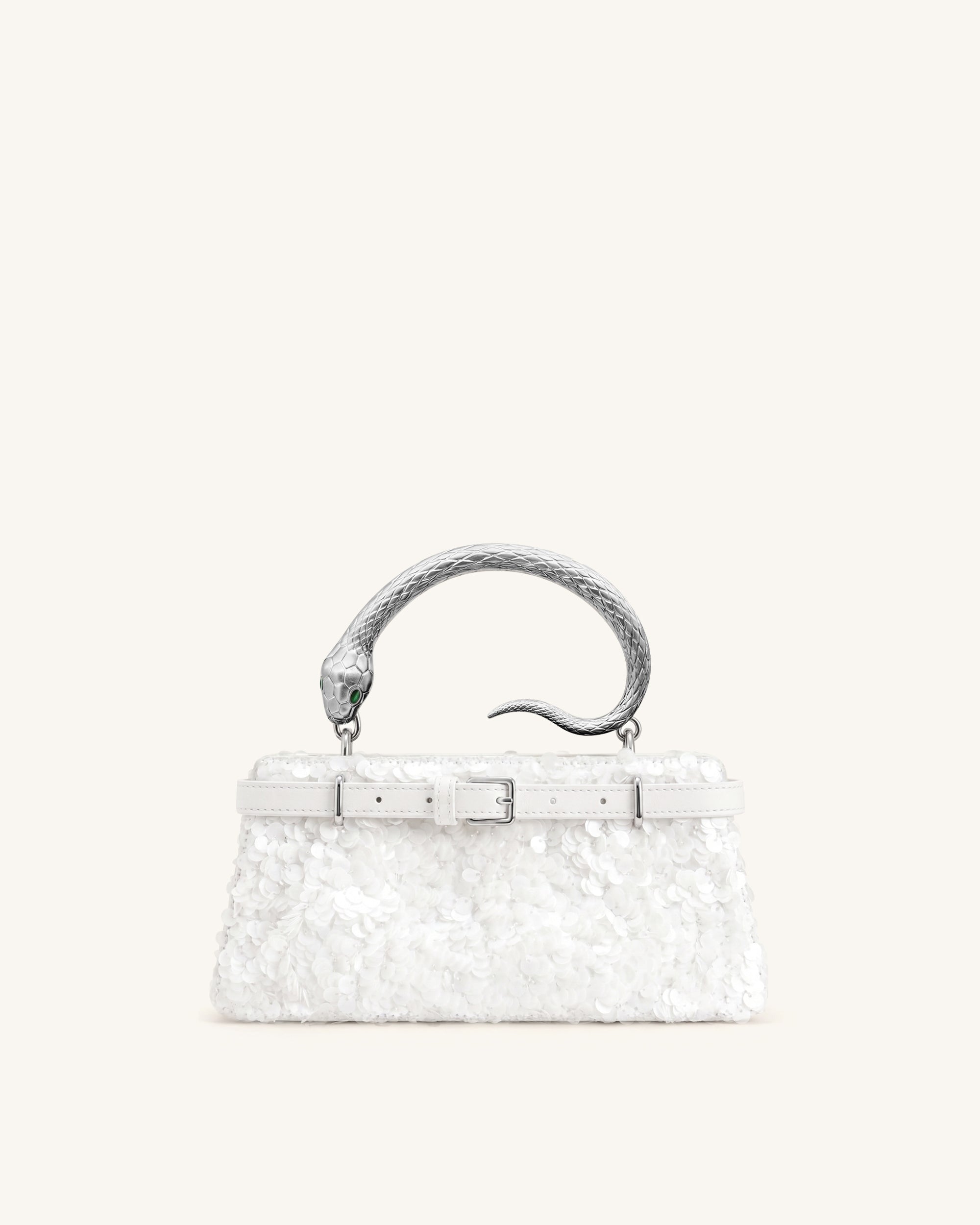 Elena Snake Handle Sequin Top Handle Bag - White
