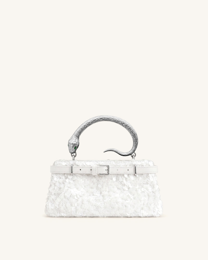 Elena Snake Handle Sequin Top Handle Bag - White