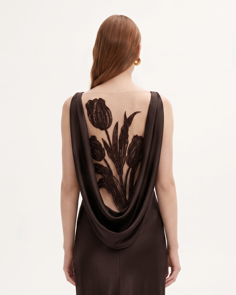 Tulip Appliqué Cowl-Back Satin Column Maxi Dress - Espresso Brown