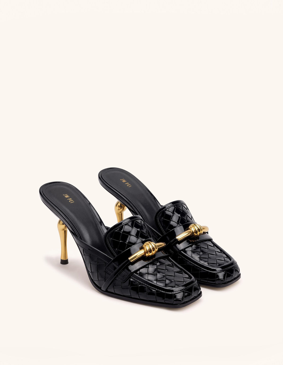 Lena Metal Rope Knot Woven Square Toe Mules - Black