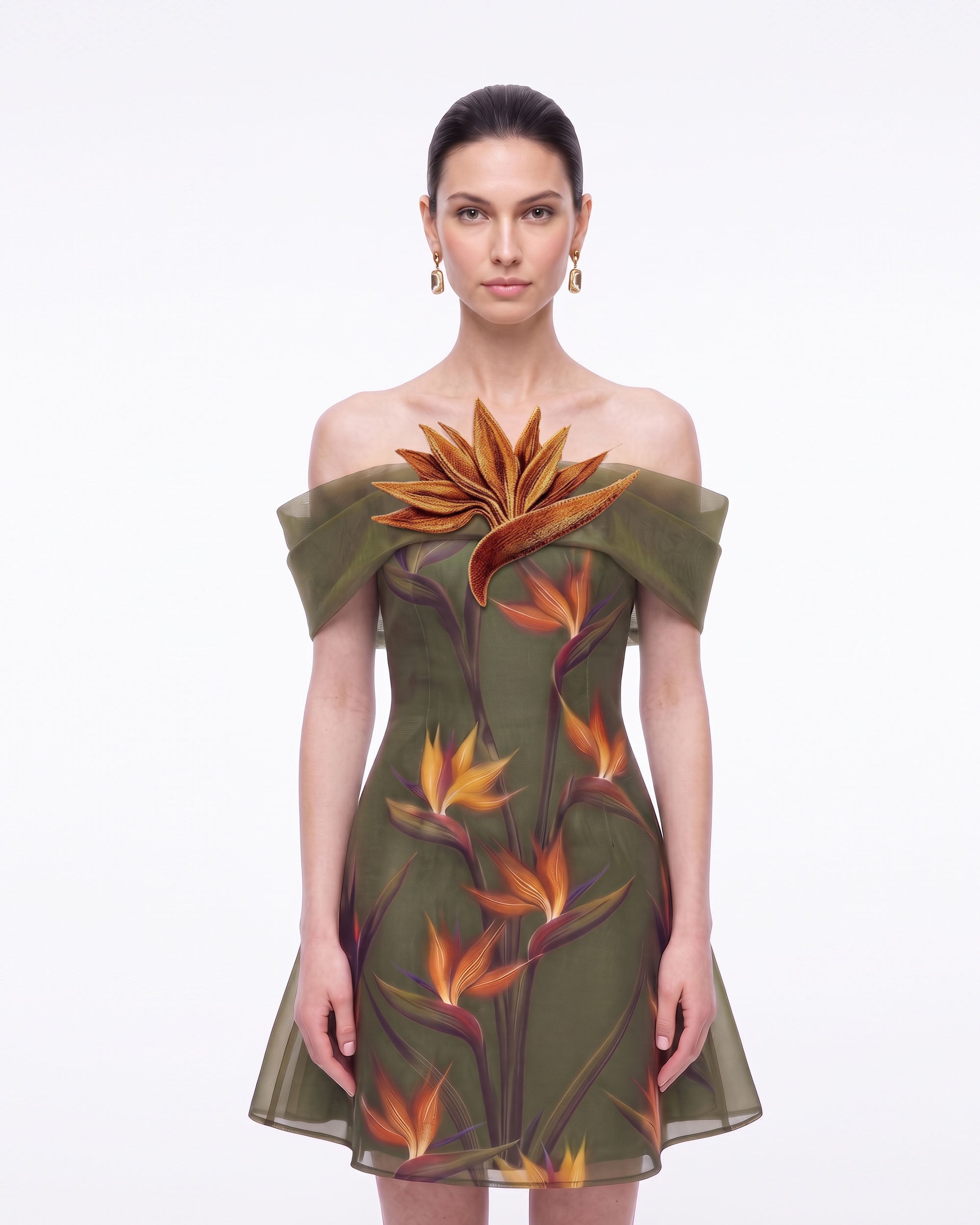 Bird of Paradise Appliqué Off-Shoulder Mini Dress - Olive