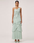 Orchid Embroidered Ruffled One-Shoulder Maxi Dress - Mint Green