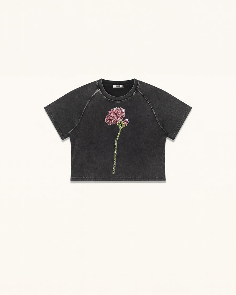 Rhinestone Rose Distressed Raglan Cropped Tee - Faded Obsidian