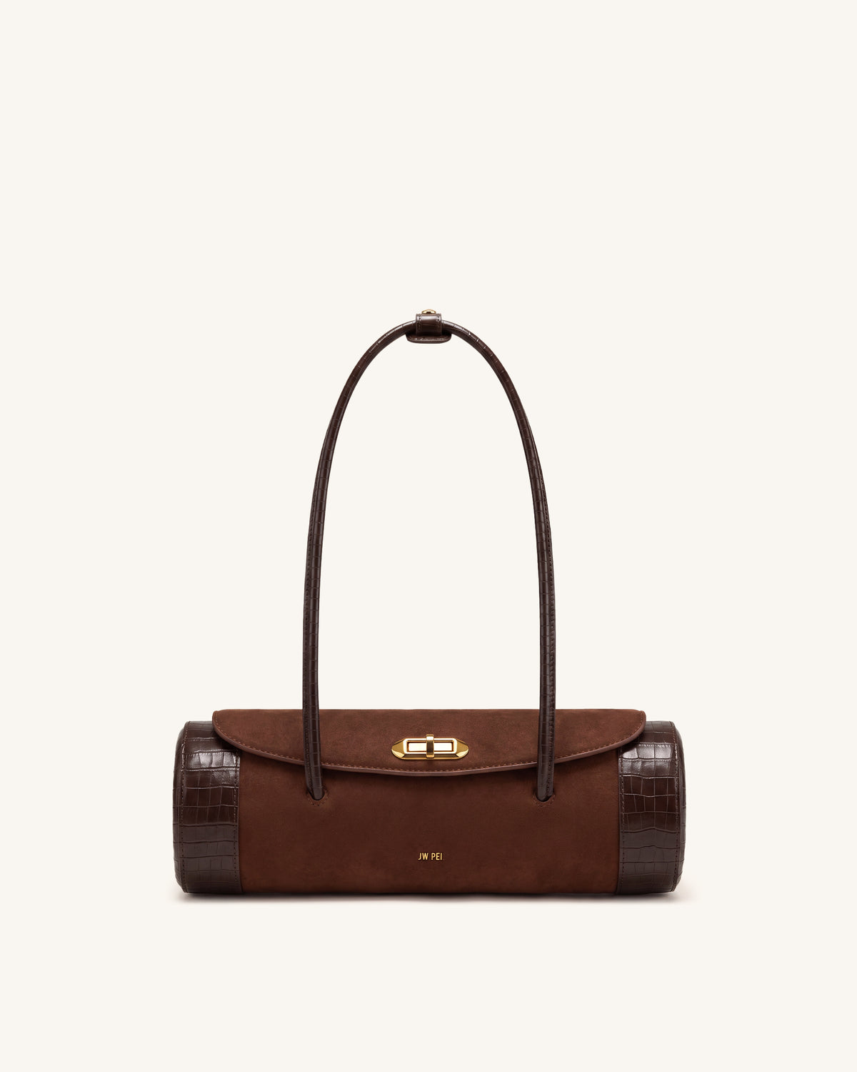 Maelis Faux Suede Croc-Trim Barrel Bag - Dark Brown