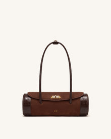 Maelis Faux Suede Croc-Trim Barrel Bag - Dark Brown