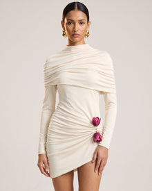 3D Embroidered Tulip Ruched High-Neck Long-Sleeve Mini Dress - White