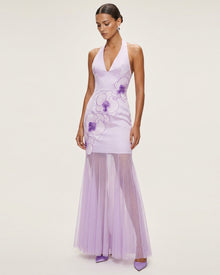 Orchid Embroidered Sheer Hem Halter Maxi Dress - Lanvender