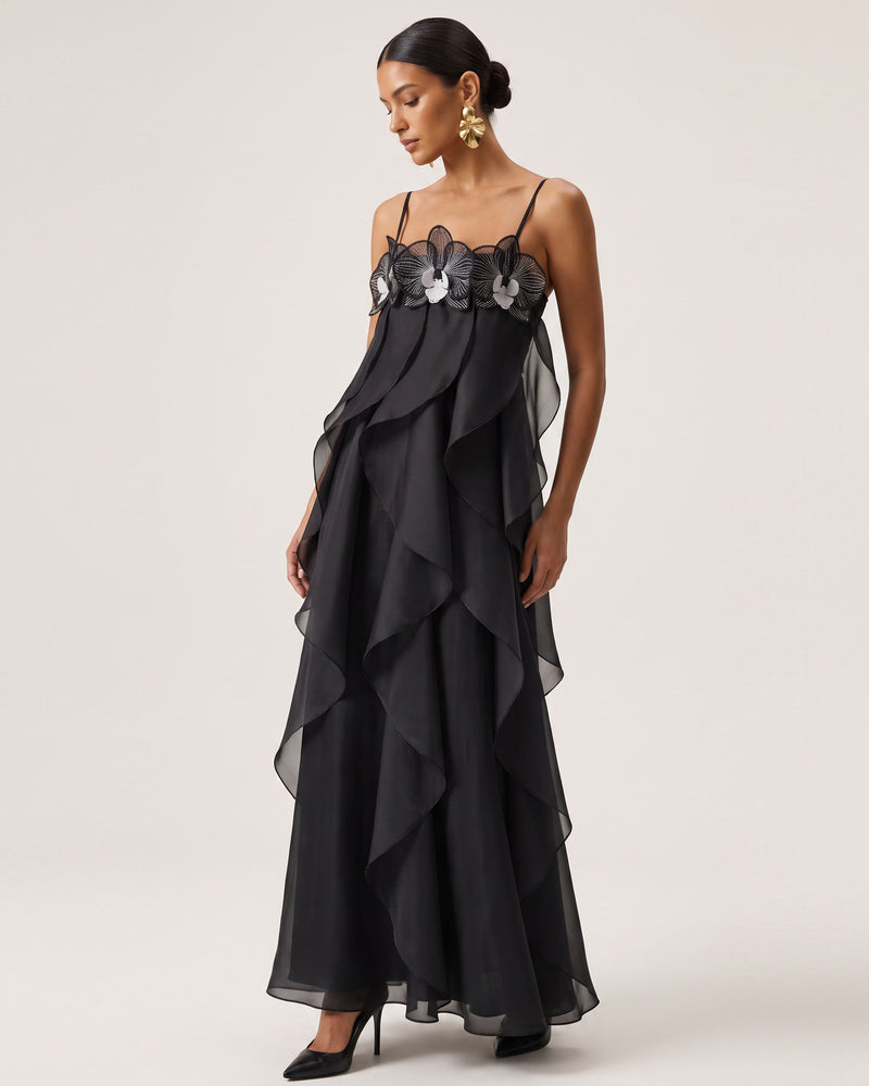 Orchid Embroidered Organza Maxi Dress - Black