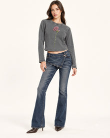 Rhinestone Rose Acid Cropped Tee - Washed Slate