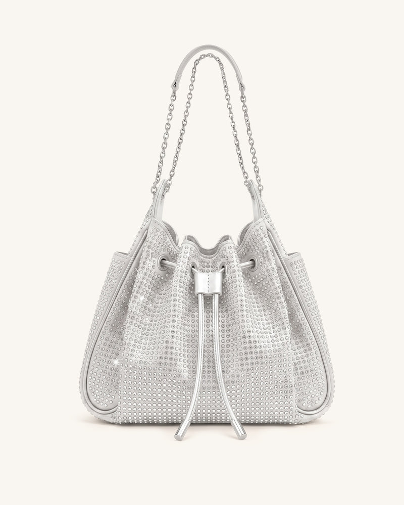 Rowan Artificial Crystal Ruched Drawstring Chain Bucket Bag - Light Grey