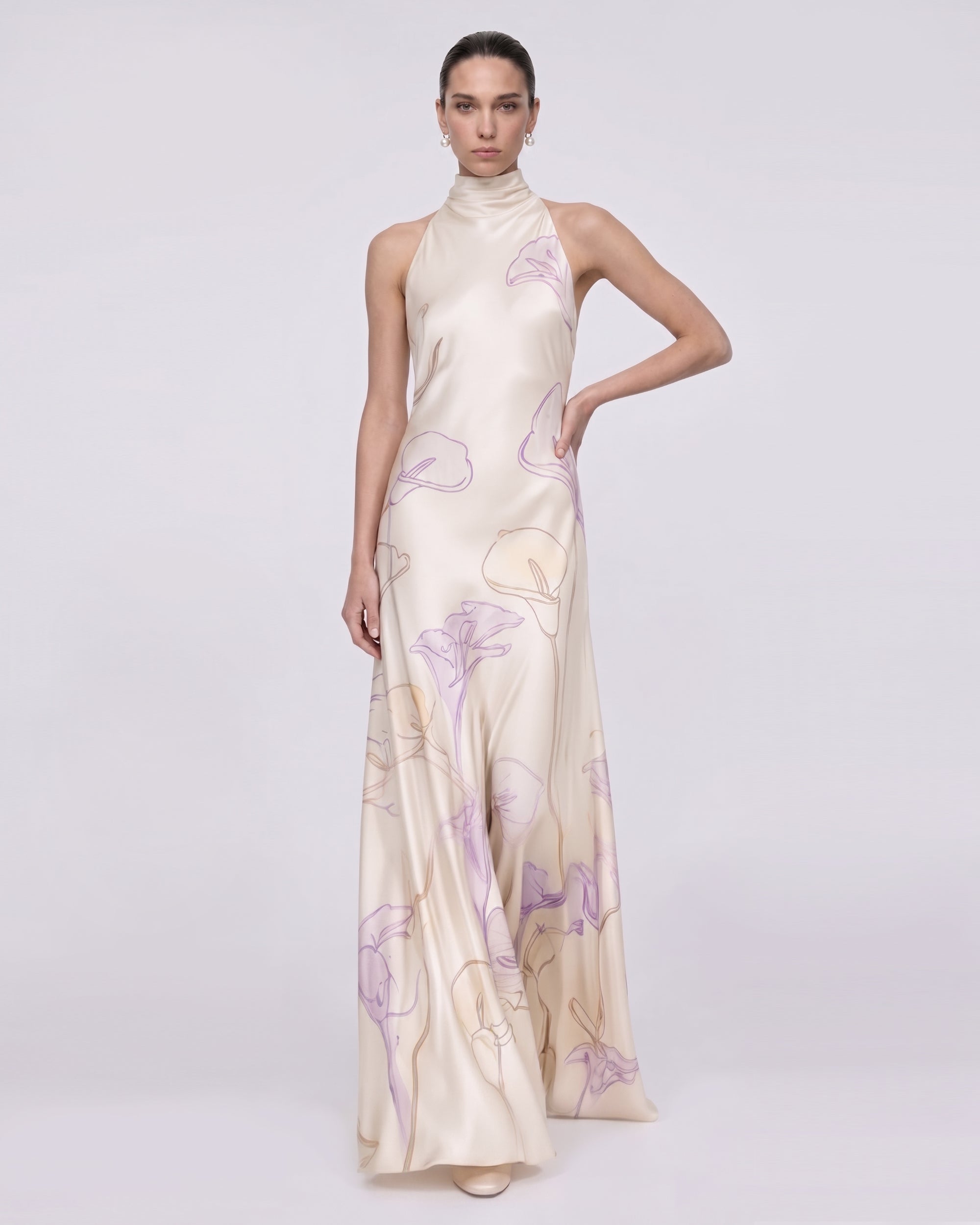 Calla Lily Print High-Neck Satin Maxi Dress - Ivory