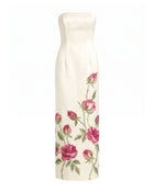 Rose Embroidered Strapless Long Dress - Pure White