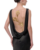 Gold Calla Lily Sheer Backless Satin Dress - Black