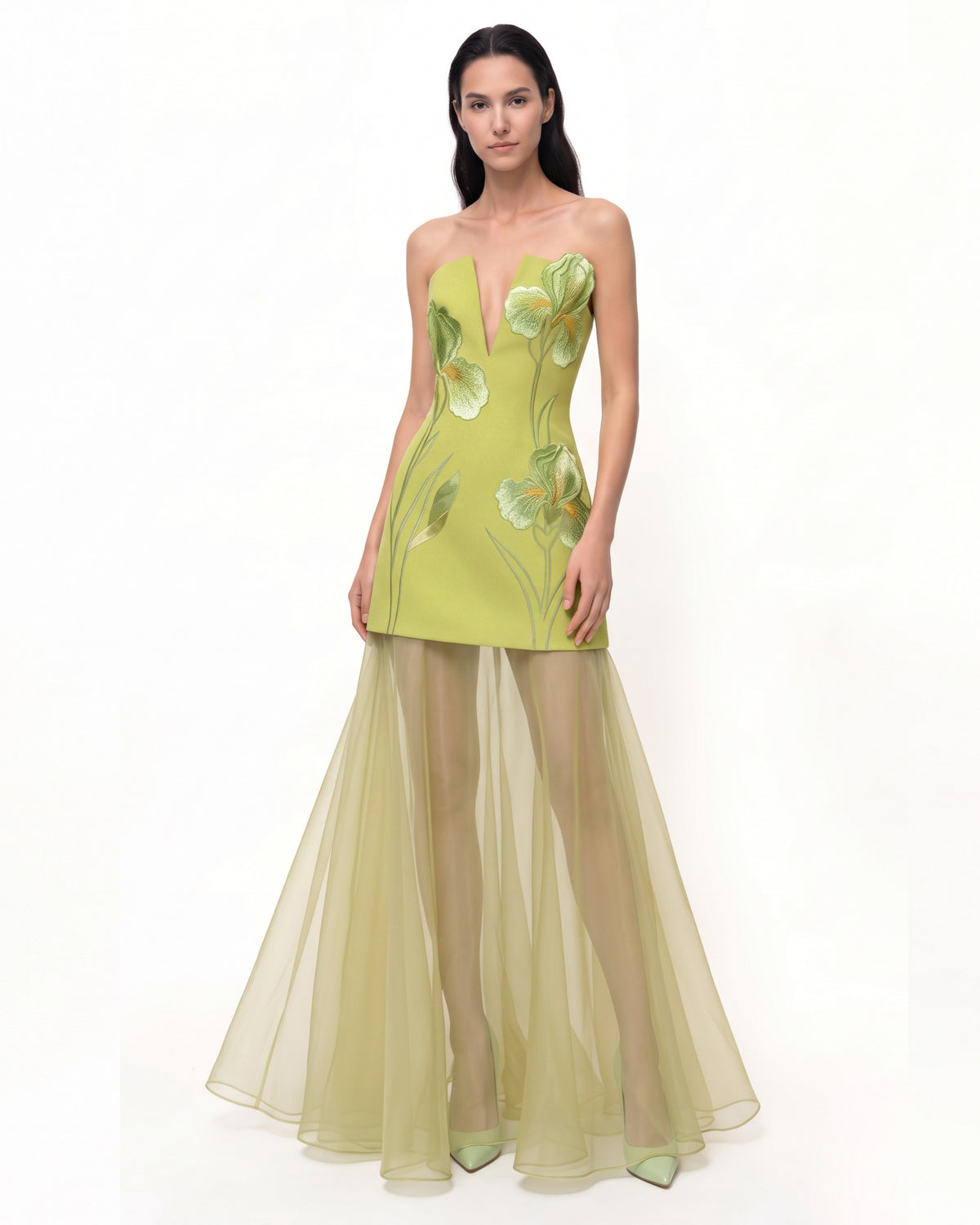 Iris Embroidered Plunge Sheer Overlay Maxi Dress - Lime Green