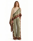 Calla Lily Printed Asymmetric Draped Satin Top - Olive Green