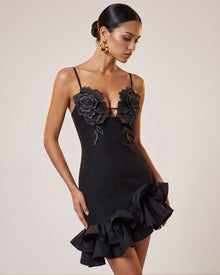 Flower Embroidered Spaghetti Strap Asymmetric Ruffle Mini Dress - Black