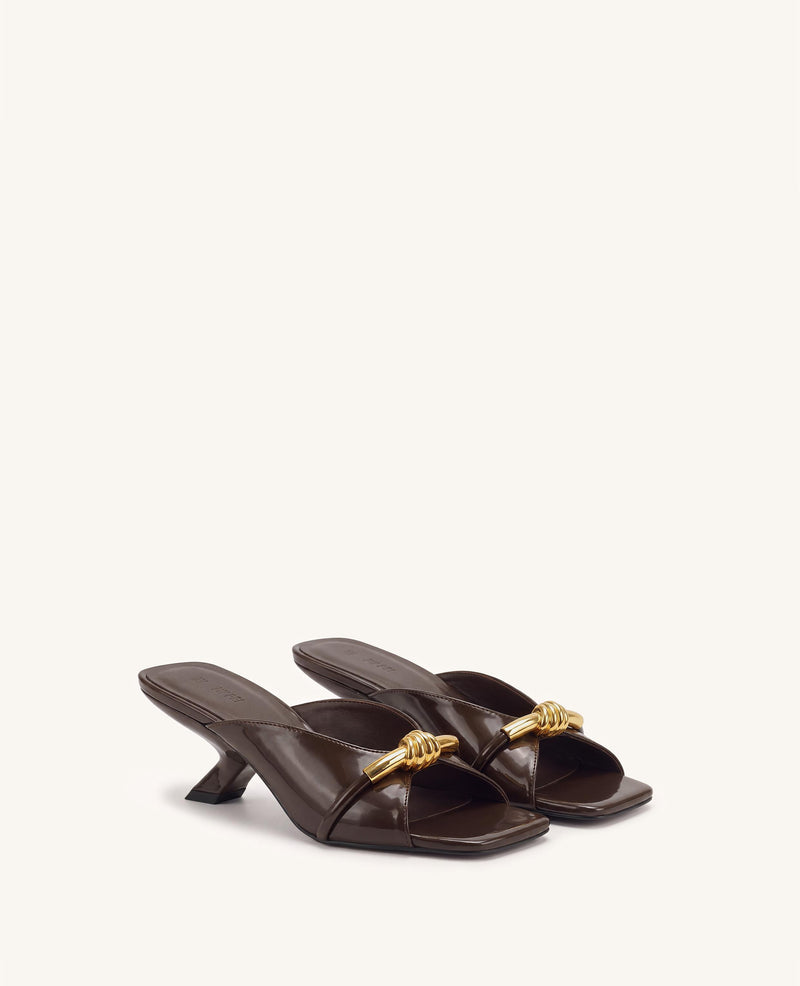 Lena Metal Rope Knot Patent Cross-Strap Heeled Sandals - Dark Brown