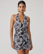 Floral Embroidered Fitted Halter Mini Dress - Black