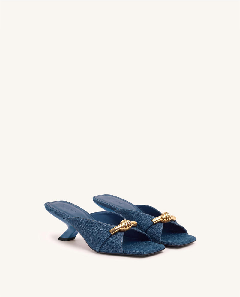 Lena Metal Rope Knot Denim Cross-Strap Heeled Sandals - Denim Blue