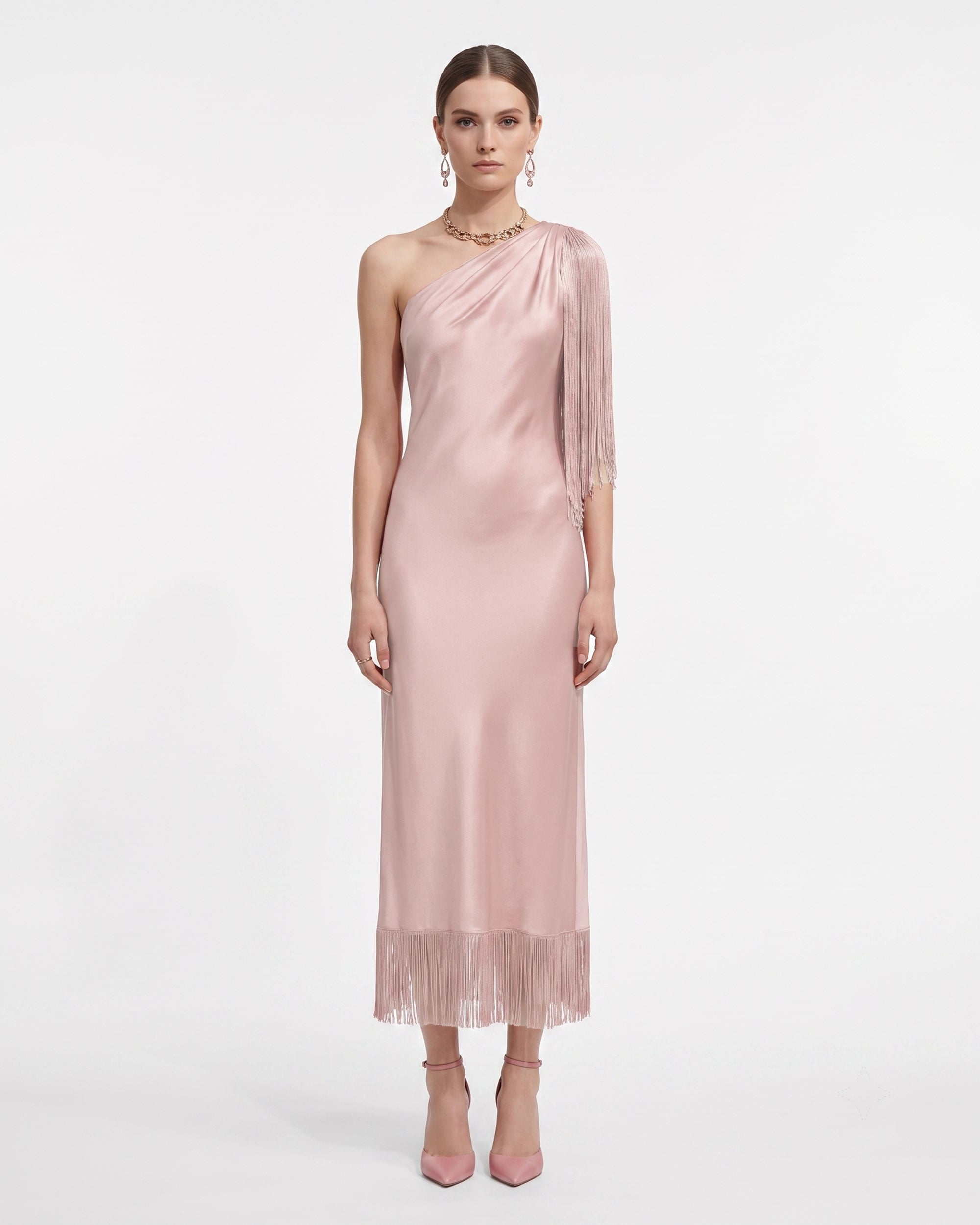 One Shoulder Fringe Midi Dress - Blush
