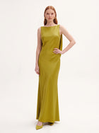 Tulip Appliqué Cowl-Back Satin Column Maxi Dress - Liquid Gold