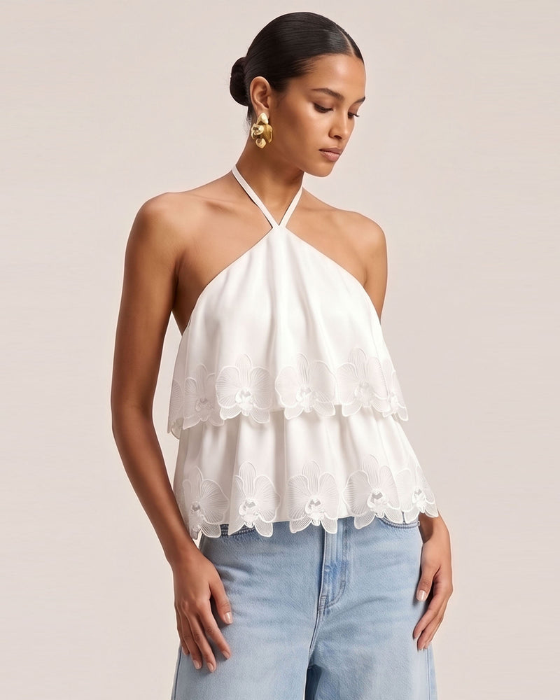 Orchid Embroidered Tiered Halter Top - White