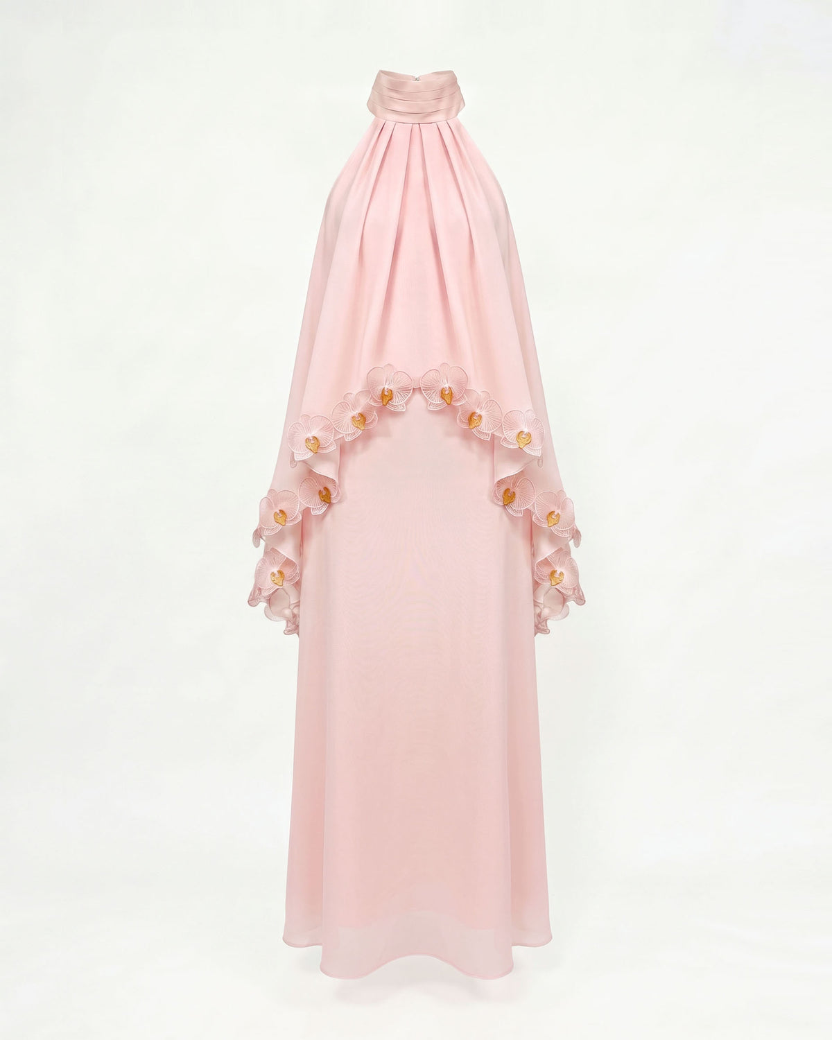 Orchid Embroidered Trim Ruched Halter Maxi Dress - Blush Pink