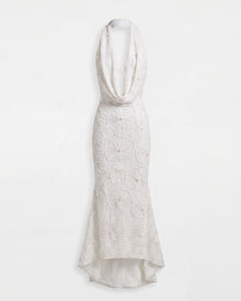 Orchid Beaded Embroidered High-Low Cowl Halter Dress - White