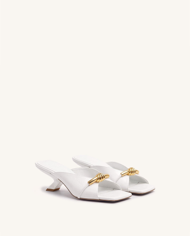 Lena Metal Rope Knot Cross-Strap Heeled Sandals - White