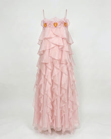 Floral Trim Layered Ruffle Spaghetti Strap Maxi Dress - Blush Pink