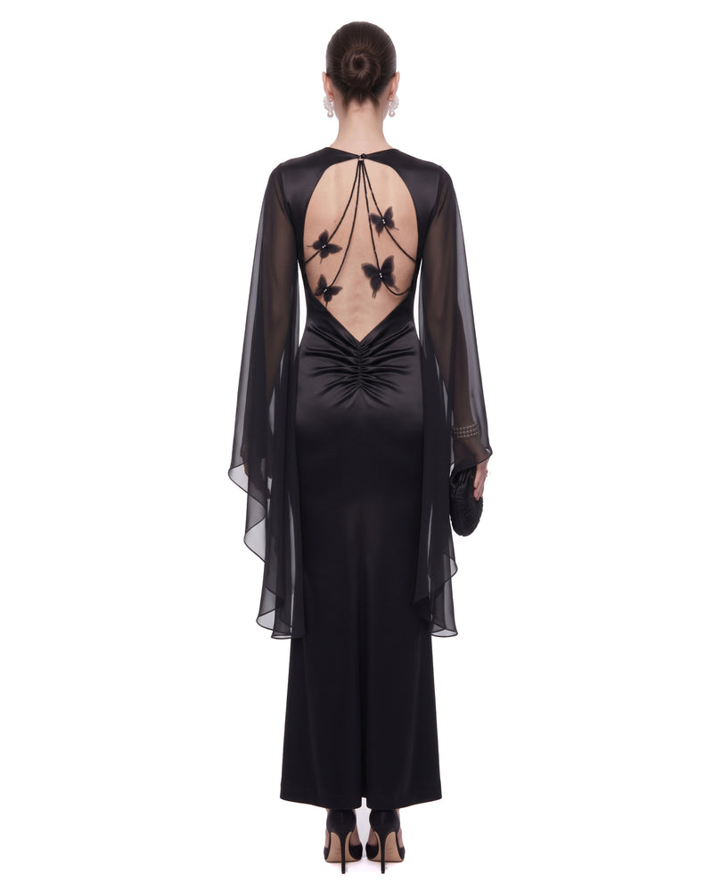 Open Back Butterfly Satin Maxi Dress - Black