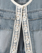 Bohemian Lace Trimmed Denim Vest - Light Wash