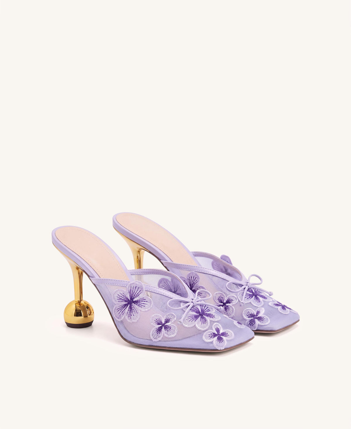 Mireille Floral Embroidered Bow Mesh Mules - Lavender