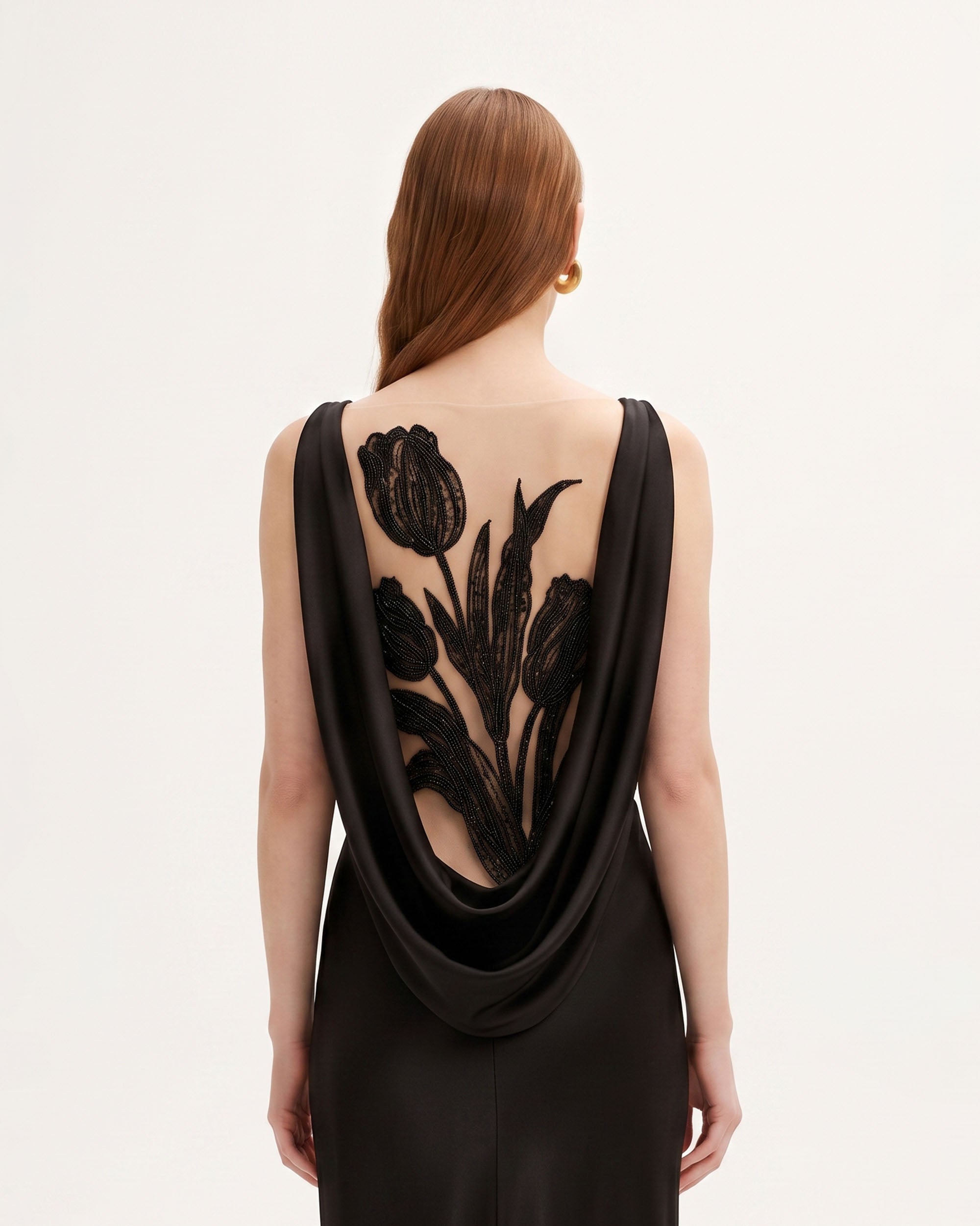 Tulip Appliqué Cowl-Back Satin Column Maxi Dress - Black
