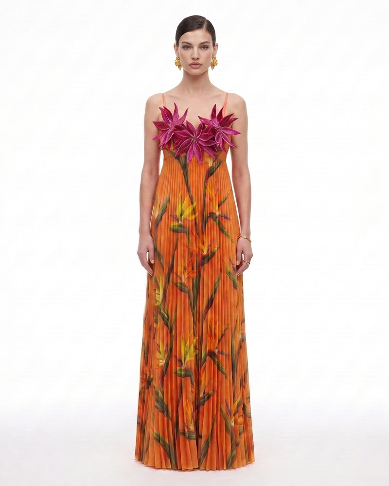 Bird of Paradise 3D Floral Plissé Floor-Length Maxi Dress - Orange