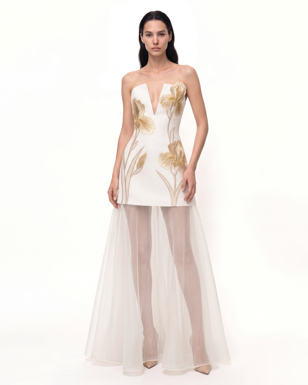 Iris Embroidered Plunge Sheer Overlay Maxi Dress - Platinum Gold