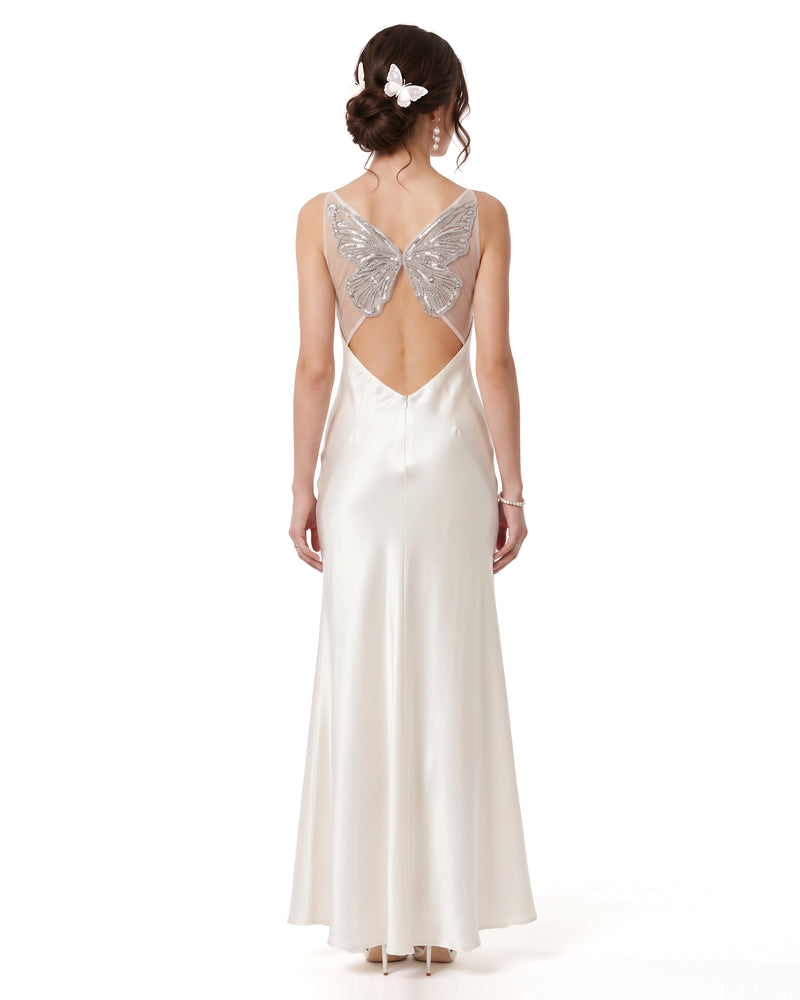 Backless Butterfly Wing Embroidered Maxi Dress - White