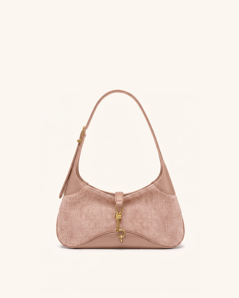 Juliette Faux Suede Key Charm East-West Shoulder Bag - Pink Croc