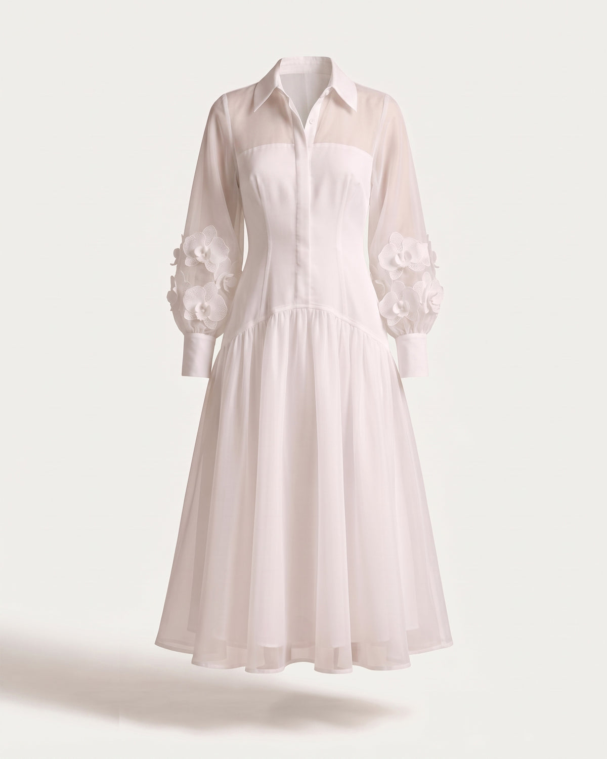 Orchid Embellished Sheer Sleeve Collared Midi Dress - Cream